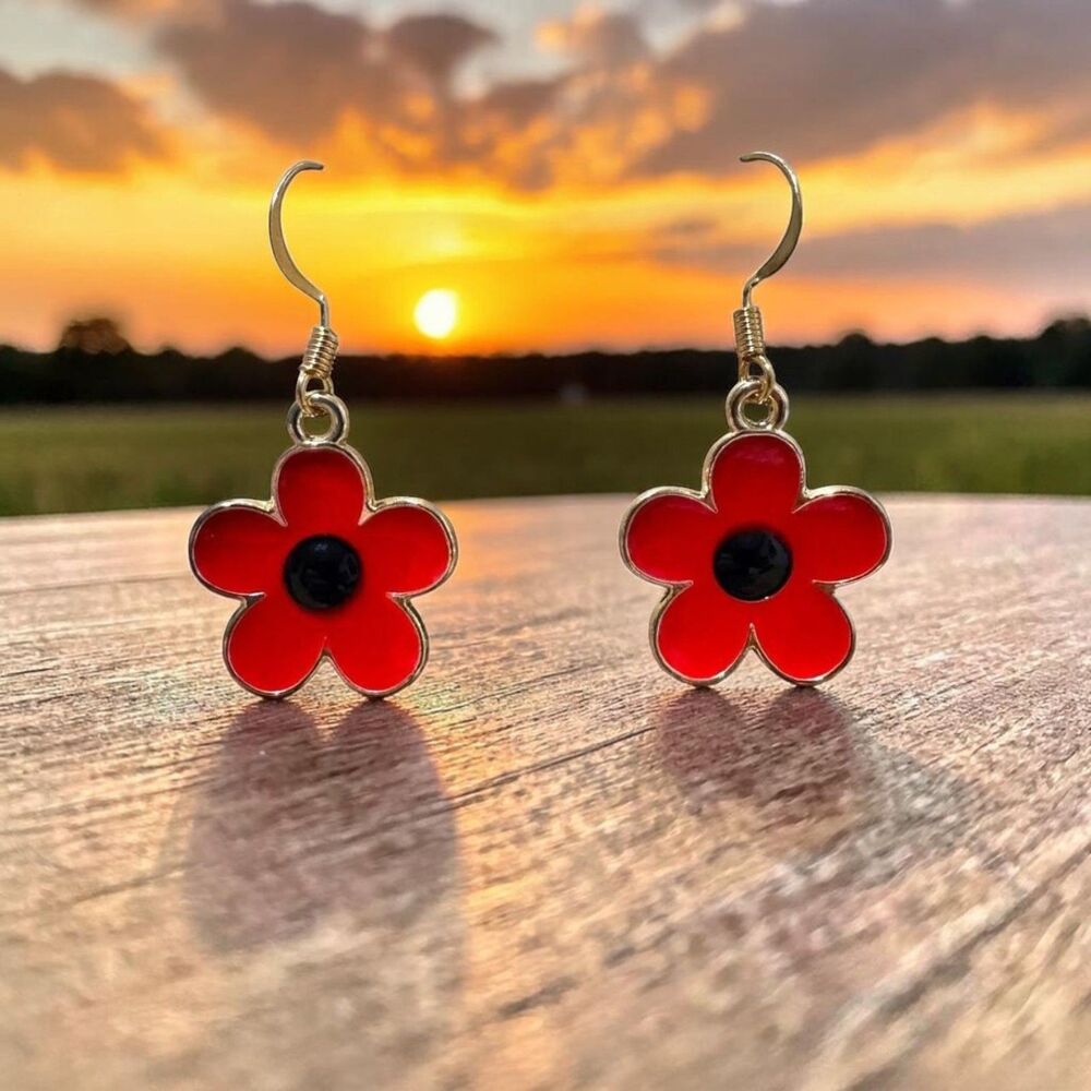 Enamel Red Flower Charm on 10kt Gold Earrings #2254